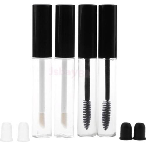 2 pcs 10ml Mini Travel Empty Mascara Eyelash Growth Vials +2pcs Clear Cosmetic Lip Gloss Bottle Liquid Tube Container Set