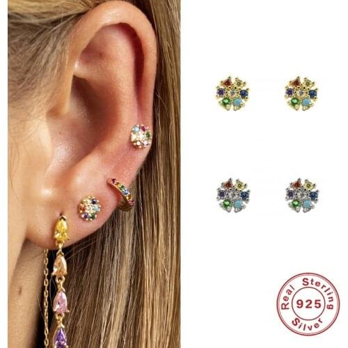 AIDE Trendy Flower Cartilage Earring Colorful Zircon Stud Earrings For Women Cute 925 Silver Jewelry Piercing Ear Stud kolczyki