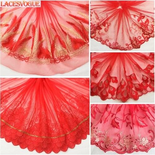 3 Meters 17-25cm Red Mesh Embroidery Lace Ribbon Dress Decoration Garment Material Needlework Sewing Accessories 725