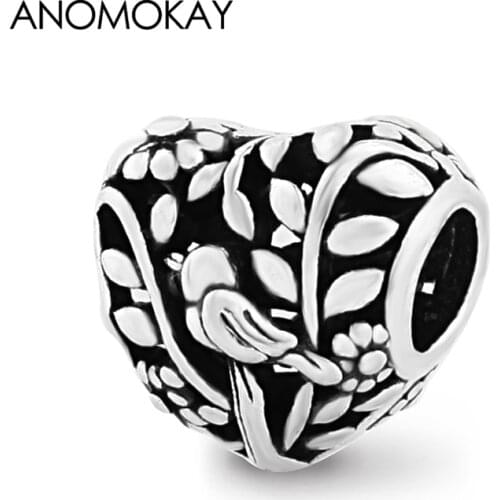 Anomokay HOT Classic Bird Deep forest Tree Heart Charms fit Bracelets & Bangles Silver Color Plant Heart Beads for Bead Jewelry