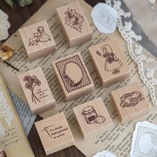 Wooden Stamp Rubber Stamp Set Picnic Diary Series DIY Printing Stamp for Handicraft Making Scrapbooking Decoration 8 Styles