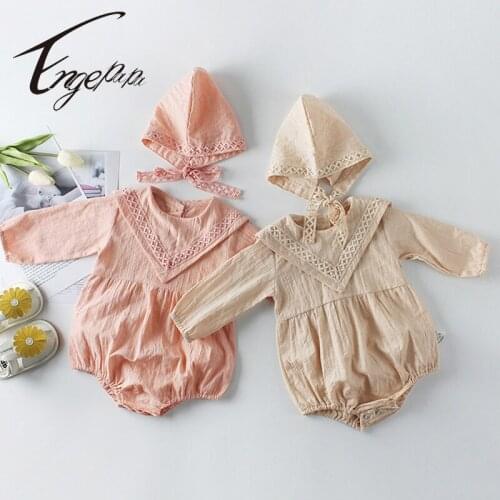 Engepapa Infant Baby Girls Cotton Long Sleeve Bodysuits+Hat Spring Autumn Newborn Baby Girls Jumpsuit Korean Style