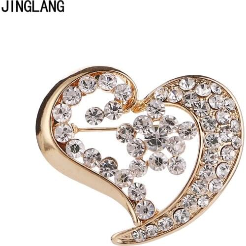 JINGLANG Fashion Gold Color Brooches Pins White Rhinestone Heart Brooches For Women Wedding Clothes Decoration Jewelry