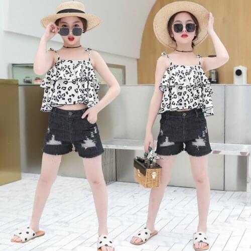 Teens Children Clothing Sets New Fashion Summer Girls Clothes Sling Leopard Top+Denim Short 2pcs Outfits Suit Kids Clothes