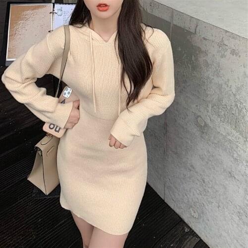Mini Sweater Dress Womens Hood Casual Long Sleeve Office Knitted Dress Female Elegant One-piece Dress Korean Autumn Winter