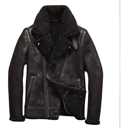 Winter Thick Genuine Sheepskin Leather Jacket Men B3 Air Force Flight Suit Mens Shearling Motorcycle Short Jackets and Coats