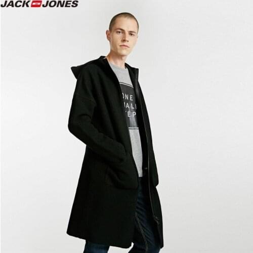 JackJones Mens Mid-length Pure Color Casual Hooded Knit 100% Woolen Overcoat|218327509
