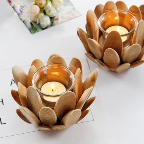 New Wooden Lotus Petal Glass Cup Candle Holder Candlestick Home Desktop Decoration