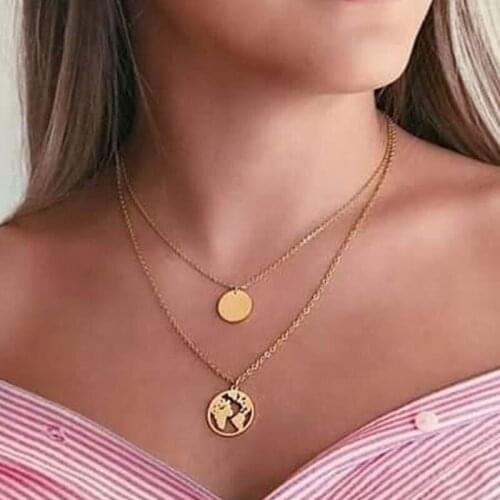 Simple Trendy Round Sequin Map Pendant Necklace for Women Vintage Double Layer Geometric Clavicle Necklace Jewelry Kolye YN1590