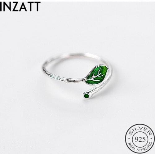 INZATT Real 925 Sterling Silver Minimalist Green Enamel Leaf Adjustable Ring FINE Jewelry For Women Anniversary Party Gift
