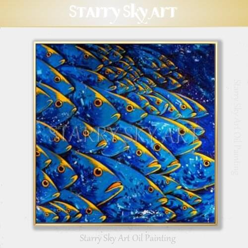 Hand-painted High Quality Fish School Pictures Beautiful Blue Fishes Oil Painting Lots of Fishes Oil Painting for Kitchen Decor