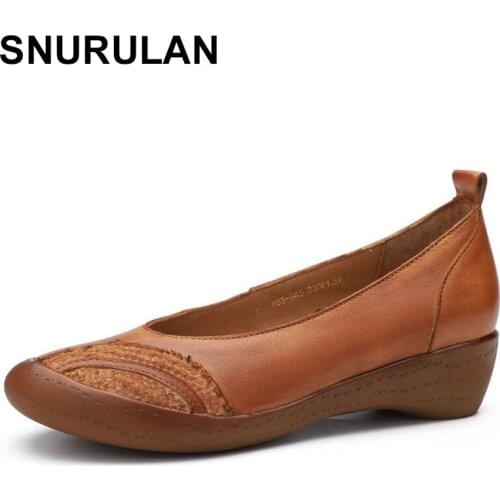 SNURULAN 2020 new spring / autumn genuine leather round toe retro casual comfortable platform shoes women pumps