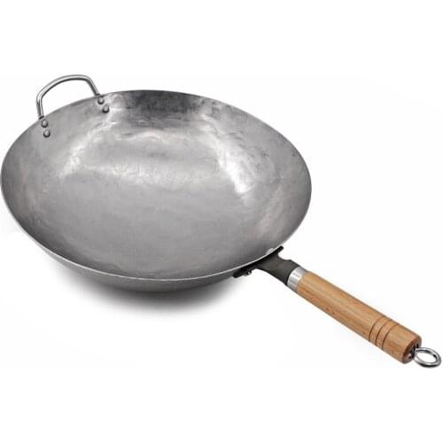 Traditional Hand Hammered Carbon Steel Pow Wok with Wooden and Steel Helper Handle, Round Bottom