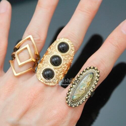Pack 3 Gold Tribal Aztec Snake Eye Black Stone Paisley Swirl Gypsy Band Rings Party Gift Set Jewelry