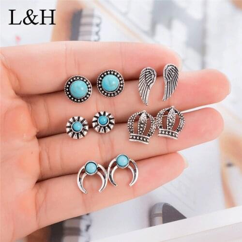 5 Pairs/Set Vintage Antique Silver Angel Wing Crown Stud Earrings Opal Stone Round Flower Earring Set For Women Party Jewelry