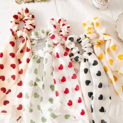 Ladies Hair Ties Love Heart Printed Scrunchies Women Ribbon Hair Bands Girls Scarf Sweet Hair Ropes Fashion Hair Accessories VL