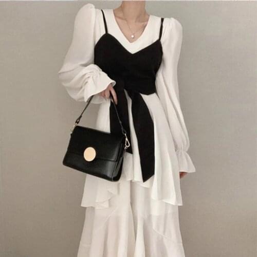 Hstar Summer Spring Korea Chic High Waist Casual Two Pieces Sets Wrapped Chest Harness Vest Long Sleeve Female Long Dress