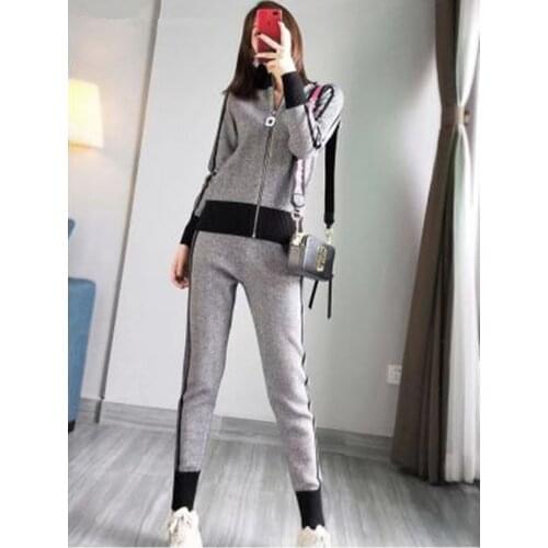Fashion Knit Cardigan Tracksuit Suit 2020 Autumn Winter Women Casual Stand Collar Zippers Tops Full Length Two Piece Sets