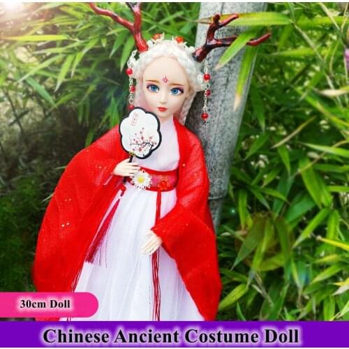 1/6 Scale 30cm Ancient Costume Hanfu Dress Long Hair Fairy Elf Antlers Princess Barbi Doll Joints Body Model Toy Gift For Girl