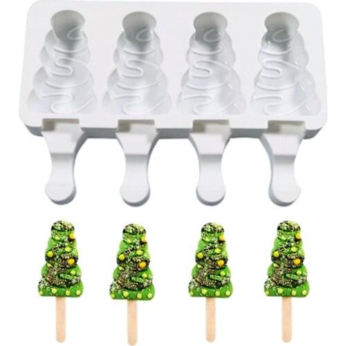 4 Hole Christmas Tree Silicone Popsicle Mold Ice Cream Mould Reusable Ice Pop Mold With Sticks Ice Lolly Mould Home kitchen Tool