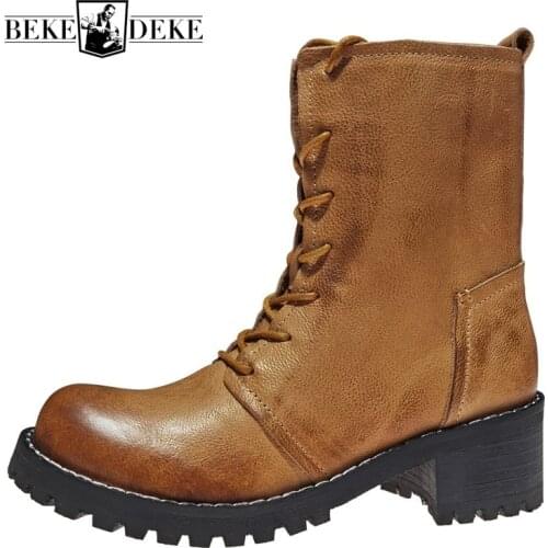 Handmade Men Retro Combat Ankle Boots Platform Height Increasing Genuine Leather Biker Boots Designer Military High Top Booties