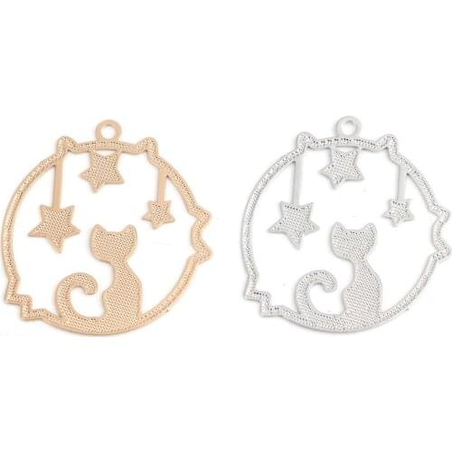 DoreenBeads Fashion Copper Filigree Stamping Charms Gold Silver Color Round Cat Hollow Jewelry DIY Charms 22mm x 20mm, 20 PCs