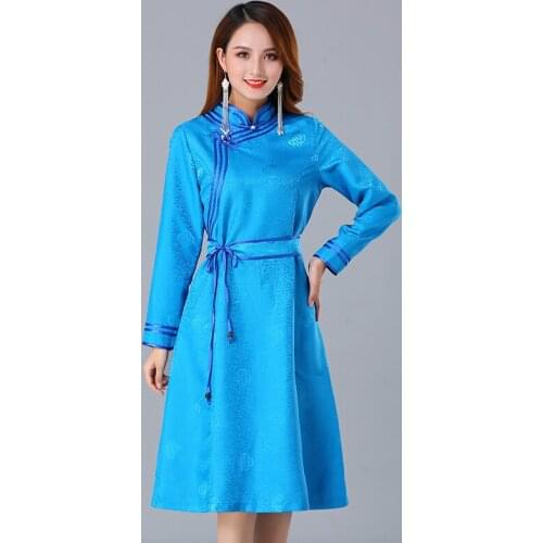 Mongolian long Sleeve Qipao ethnic Dress Silk blend Cheongsam Party Dress For Women Elegant oriental costume