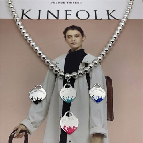 Hot Sale Fashion S925 Sterling Silver Enamel Splash Heart Pendant 8mm Round Bead Necklace Womens Jewelry Valentines Day Gift