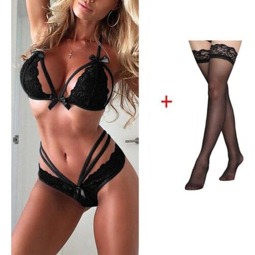 Erotic Sexy Lingerie Set Lace Straps Push Up Bra Polyester Nightwear Stockings + Underwear Women Set Lencería Sexy Sleep Tops