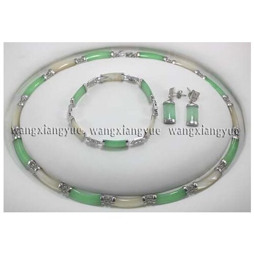 Natural Green & White Jade Link Necklace Bracelet earrings Set