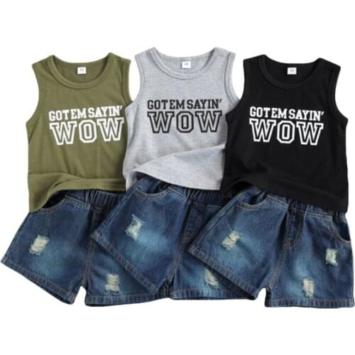 2Pcs Fashion Toddler Baby Summer Boys Clothes 1-6Y Sleeveless Letter Vest+Denim Shorts Boys Outfits Kids Clothing