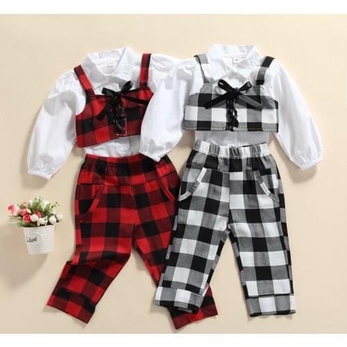 1-6Years Kids Girls Autumn Clothes Sets 3pcs Plaid Printed Long Sleeve Single Breasted Shirts+Vest+Pants