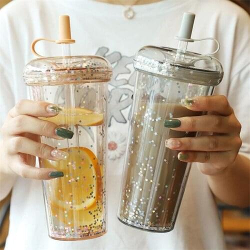 520ml Creative Sequin Juice Bottle Cute Girl Sparkling Bottle With Straw For Kids Large Capacity Portable Plastic Drinking Cup