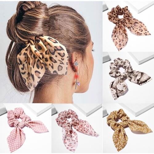 Fashion Rabbit Ears Hairbands Ponytail Scarf Elastic Hair Rope For Women Scrunchies Leopard Hair Bands Solid Ribbon Hairbands
