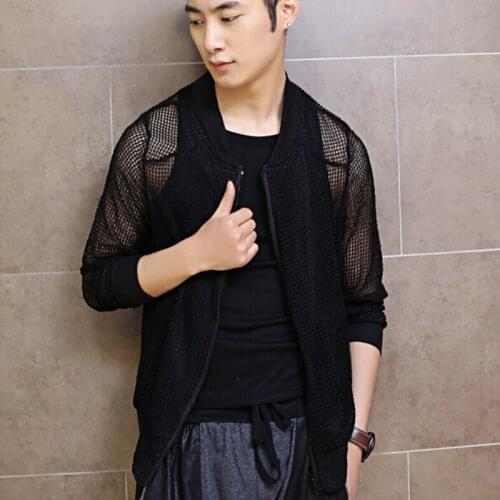 Men summer sexy mesh hollow out jacket nightclub DJ punk hiphop stage costume man summer casual rashguard coat jaqueta masculino