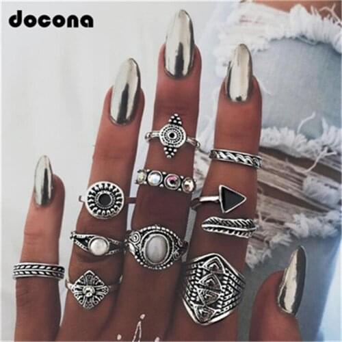 Docona 10pc Vintage Silver Color Geometric Rhinestone Knuckle Midi Finger Ring Set Stacking Finger Jewelry Women Accessory 4846