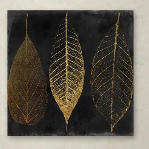 Nordic Abstract Plant Poster Three Gold Leaf Wall Art Canvas Painting Square Print Picture Modern Home Decoration Living Room