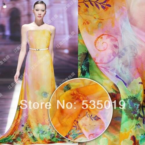 Telas New Fashion 100% Mulberry Silk Chiffon Tissus Au Metre Yellow Flowers Silk Printed Clothing Dress Fabric Tissu Noel Tulle