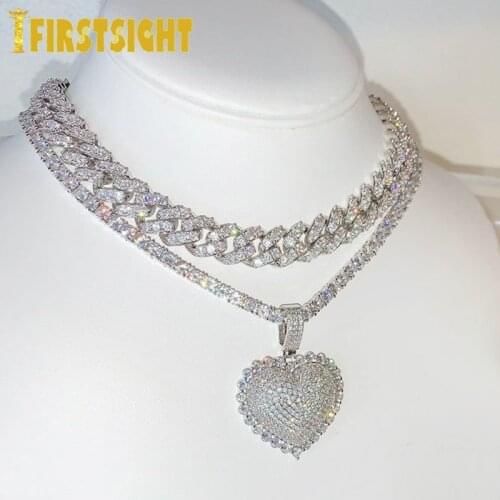 2021 New Silver Color Heart Pendant Choker HipHop Full Iced Out Cubic Zirconia 5A CZ Stone Tennis Chain Necklace Women Jewelry