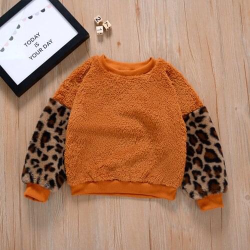 Girls Leopard Printed Plush Sweatshirts Casual Children Top Spring Shirt Round Neck Long Sleeve Elastic Cuff Hem Warm Blouse