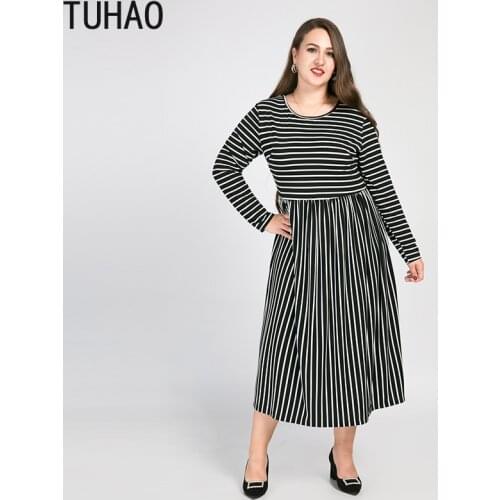 TUHAO Retro Striped Long-sleeved Dress Women Large Size 8XL 7XL 6XL Plus Size Waist Mother Mom Oversize Dresses Clothes WM69