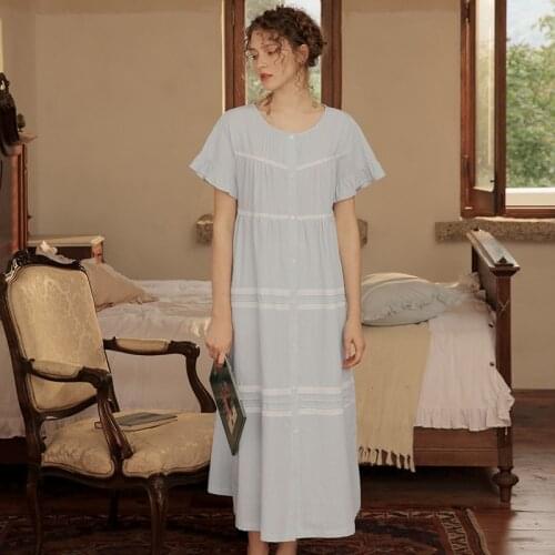 Hanxiuju Vintage Cotton Cardigan Long Nightgowns For Ladies Royal Princess Loose Sleepwear Elegant Girls Night Dress