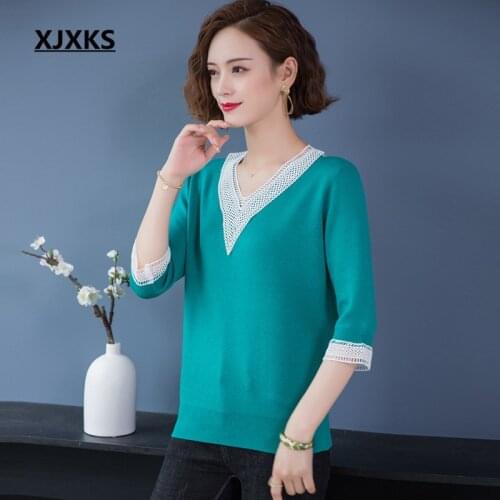 XJXKS 2021 Fall New Fashion V-neck Ladies Thin Sweater High Quality Comfortable Lace Stitching Women Middle Sleeve Sweater