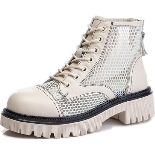 Womens Summer Boots Genuine Leather 2021 New Breathable Hollow Martin Boots Women Mesh Fashion Womens Cool Boots