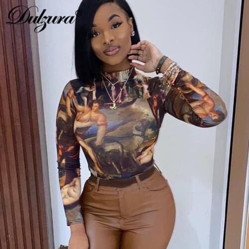Dulzura Printing Print Women Bodysuit Long Sleeve Turtleneck Bodycon Sexy Streetwear Autumn Winter Clothes Vintage Club Body