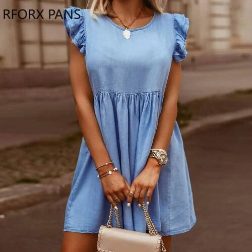 Women Solid Flutter Sleeve O-Neck Ruched Denim Casual Dress Summer Dress Mini Elegant Dress