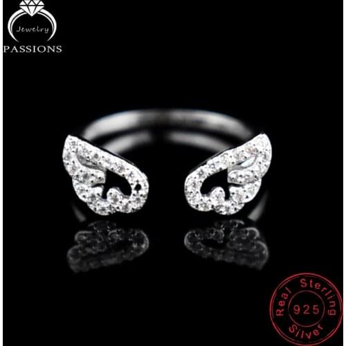 New Fashion 925 Sterling Silver Angel Wing Rhinestone Rings Fine Personality Feather Adjustable CZ Ring Women Gift LYNNE Jewelry