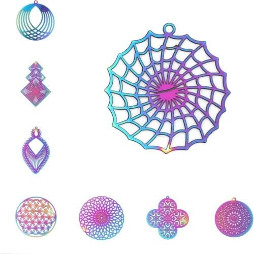 10 PCs Stainless Steel Filigree Stamping Connectors & Pendants For Necklace Earrings Making Findings Round Purple & Blue Charms