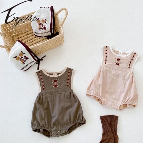 Engepapa Newborn Baby Girls Cotton Sleeveless Embroidery Jumpsuit+Hat Summer Infant Baby Girls Bodysuits Baby Girls Clothes