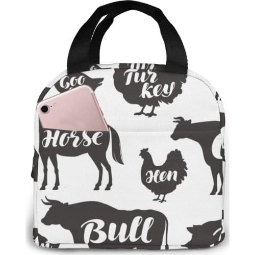 Collection Of Farm Animals Silhouettes Lunch Food Bag Insulated Thermal Food Picnic Lunch Bag for Women kids Men Cooler Tote Bag